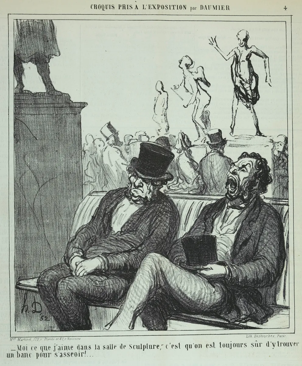 Lithografie. Zwei Männer sitzen auf einer Bank im Museum, im Hintergrund sind weitere Besucher und Skulpturen zu sehen. Ein Mann gähnt. Der ander meint: „Was ich besonders schätze im Skulpturensaal: man findet immer eine freie Bank!“.