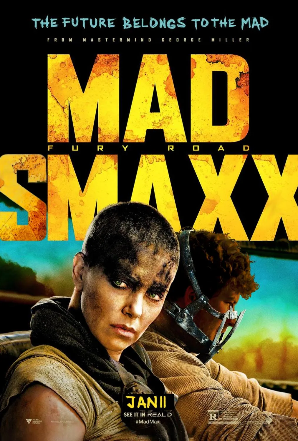 iMovie poster of Mad Max where “Max” is replaced with “Smaxx” and the face of Tom Hardy with mine.