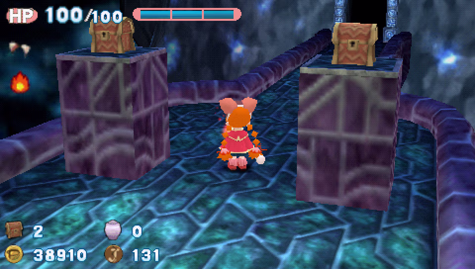 My main character stands in front of two treasure chests that seem tricky to reach.