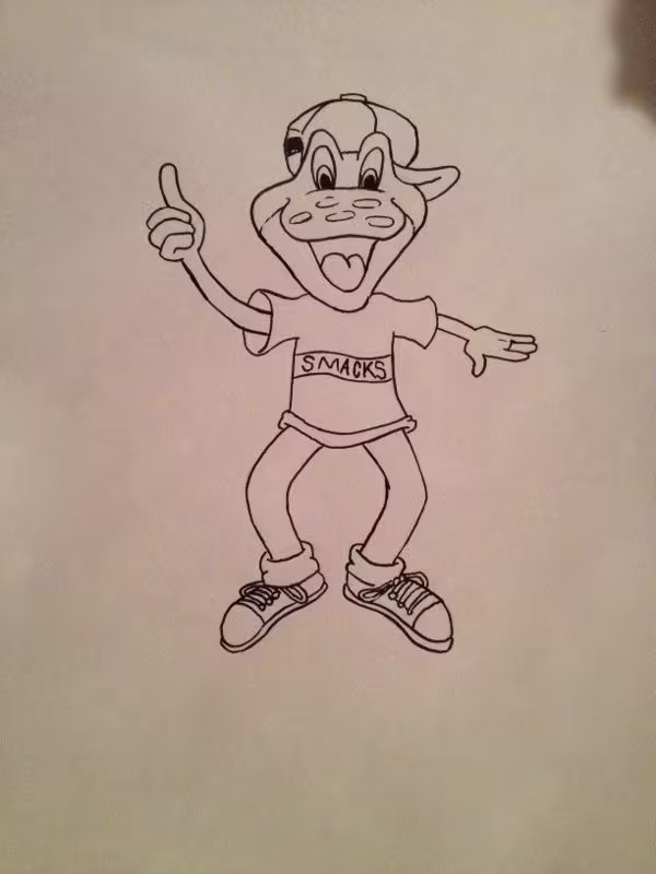 Doodle of the anthropomorphized frog “Smacks” from the famous cereal brand who is smiling and giving a thumbs up.