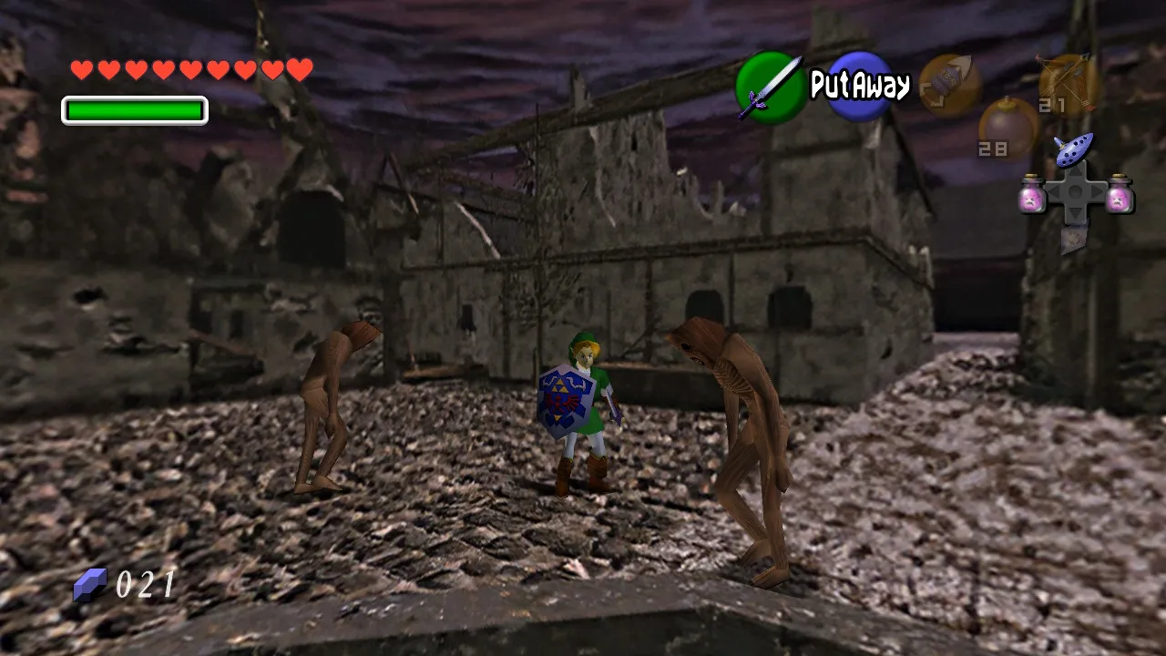 Link stands in the center of Castle Town’s market square. Only ruins are left, the sky is dark, nobody is on the street except two roaming zombie-like creatures.