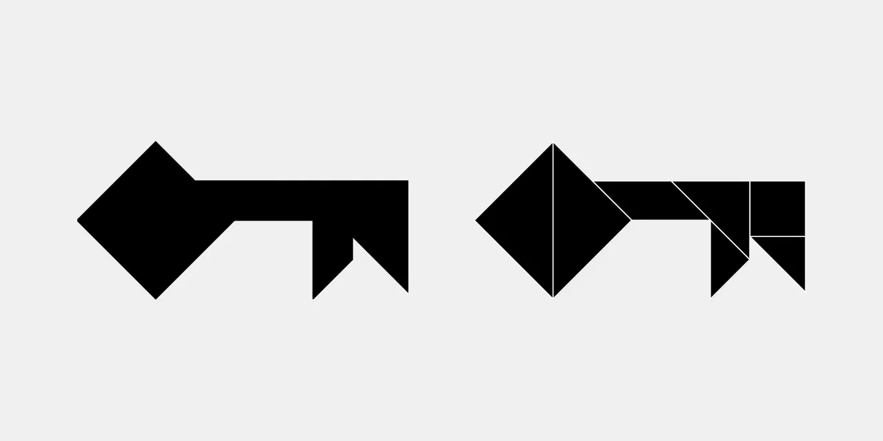 A typical Tangram puzzle: An outline of a key on the right, the solution how to combine the seven tans to form the key on the right.