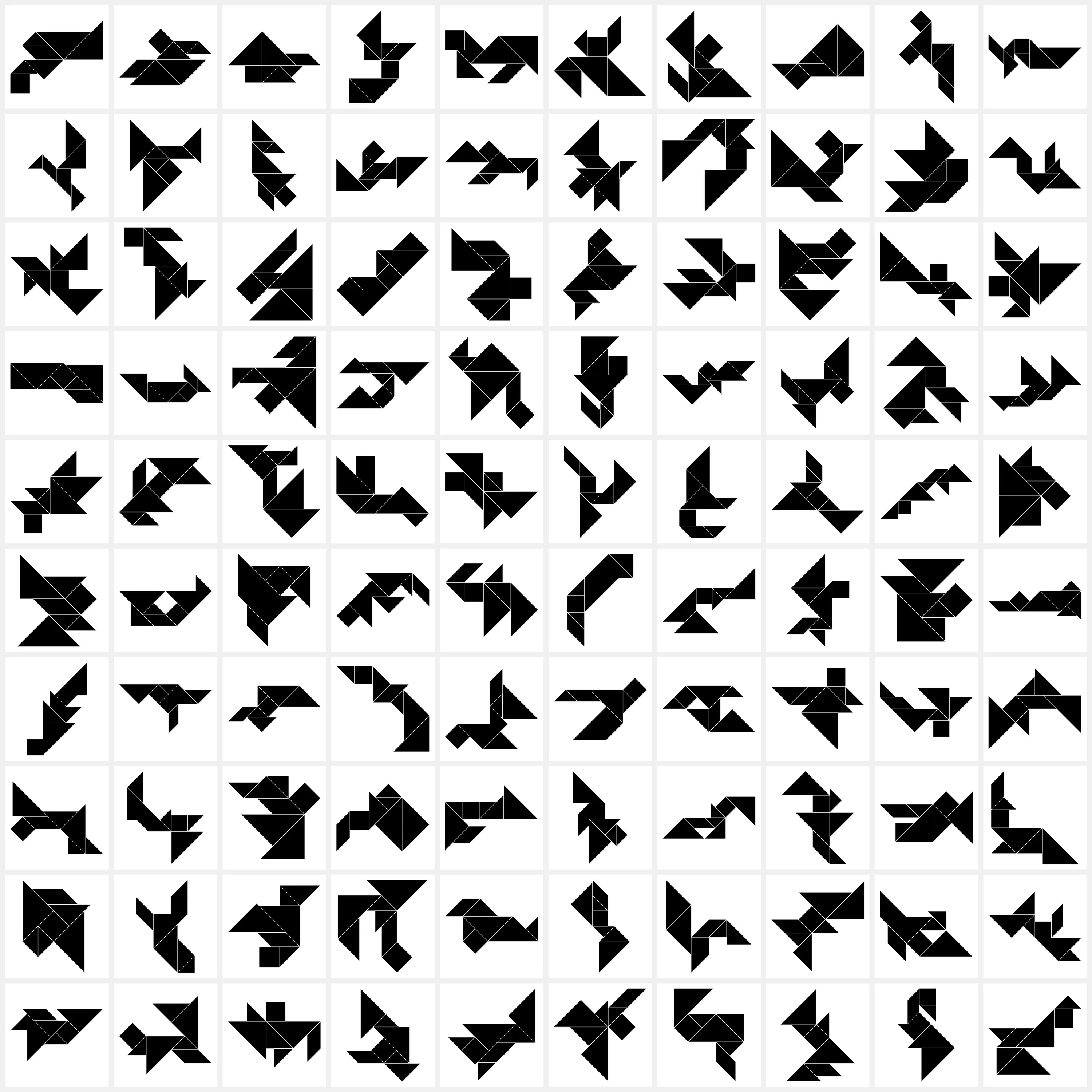 100 Tangram configurations layed out in a 10 by 10 grid.