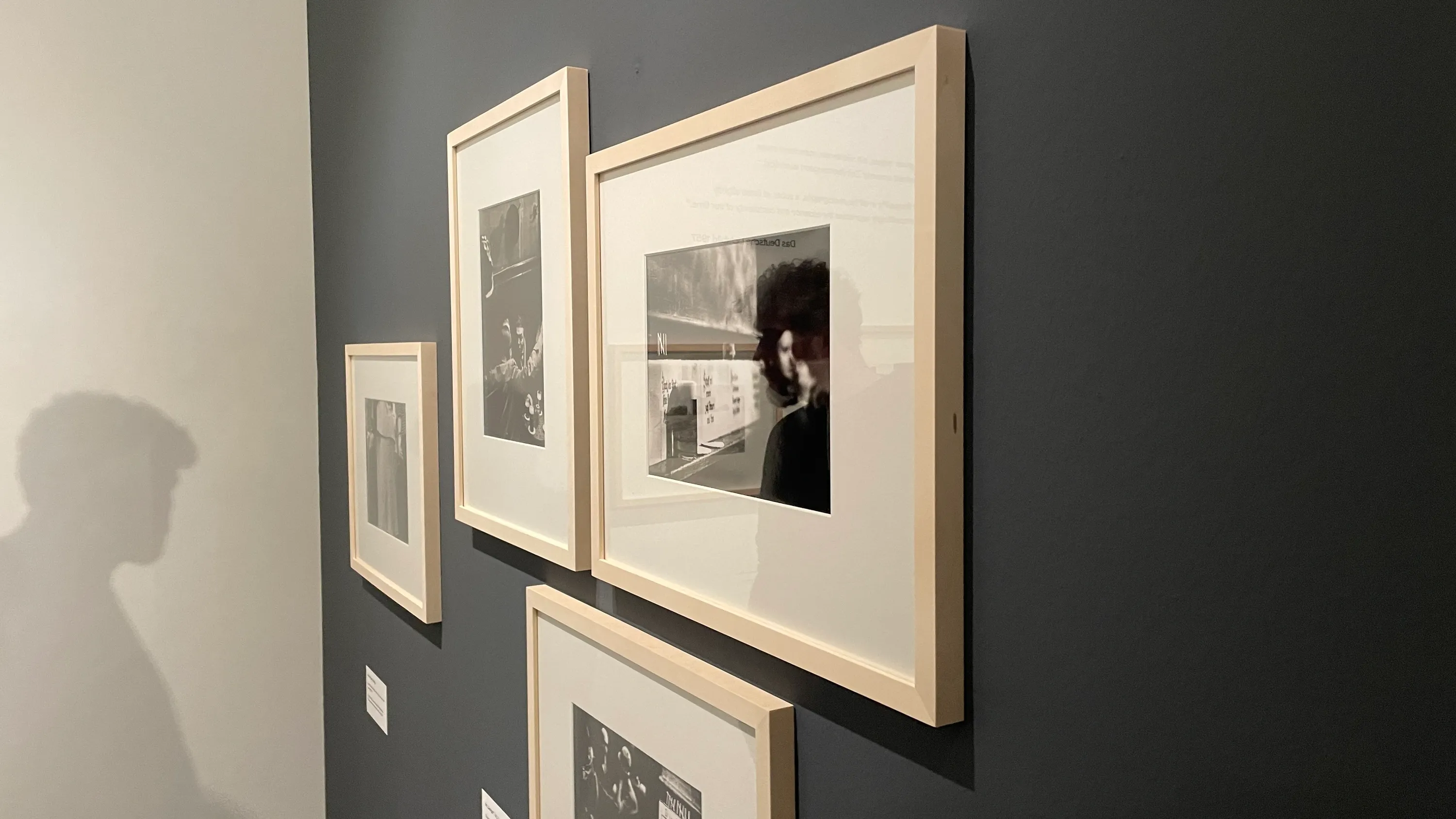 The cast shadow of another visitor is looking at a grid of four photos by Baumann. There is also a reflection of the same visitor in one of the photos.