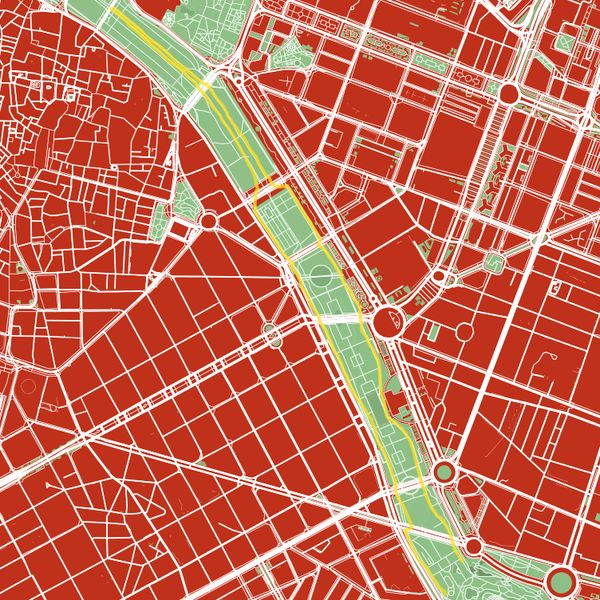 A minimalist map of Valencia, Spain in red highlighting a part of Turia Gardens in green and my running track in yellow.